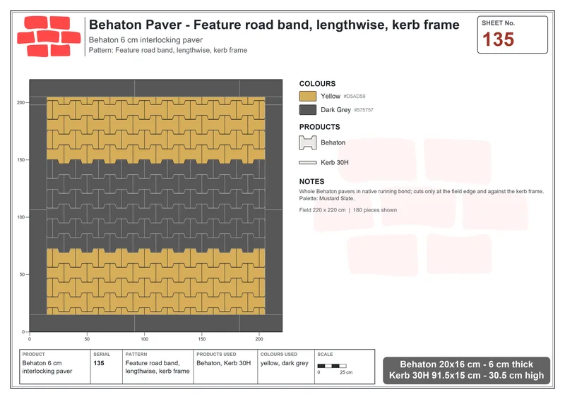 Interlock (Pasco) 20x16 cm · BEH-135 · Feature road band, lengthwise, kerb frame · Laying plan