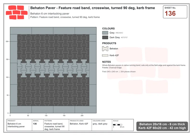 Interlock (Pasco) 20x16 cm · BEH-136 · Feature road band, crosswise, turned 90 deg, kerb frame · Laying plan