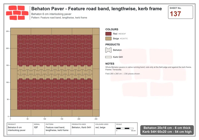 Interlock (Pasco) 20x16 cm · BEH-137 · Feature road band, lengthwise, kerb frame · Laying plan