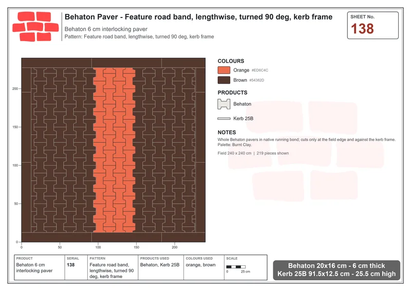 Interlock (Pasco) 20x16 cm · BEH-138 · Feature road band, lengthwise, turned 90 deg, kerb frame · Laying plan