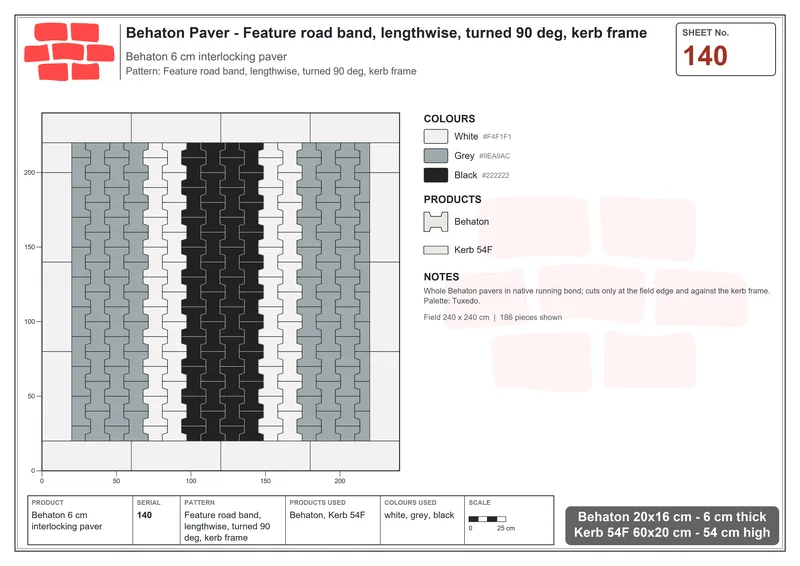 Interlock (Pasco) 20x16 cm · BEH-140 · Feature road band, lengthwise, turned 90 deg, kerb frame · Laying plan