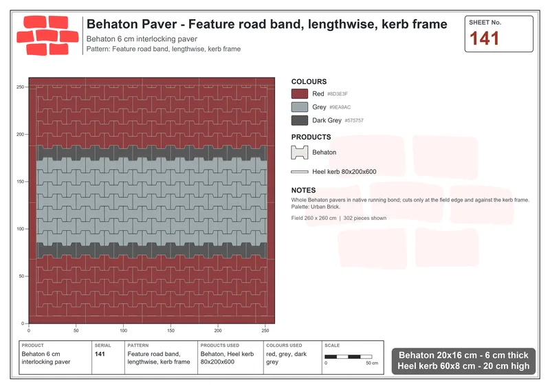 Interlock (Pasco) 20x16 cm · BEH-141 · Feature road band, lengthwise, kerb frame · Laying plan