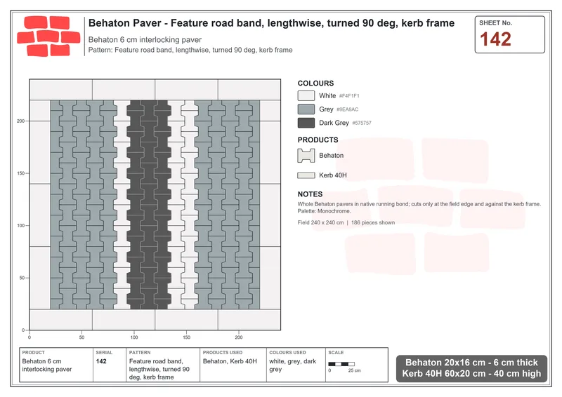 Interlock (Pasco) 20x16 cm · BEH-142 · Feature road band, lengthwise, turned 90 deg, kerb frame · Laying plan