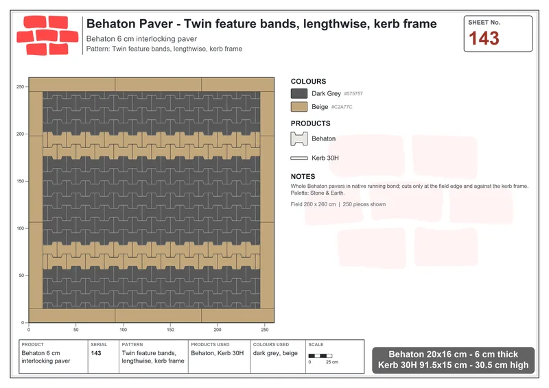 Interlock (Pasco) 20x16 cm · BEH-143 · Twin feature bands, lengthwise, kerb frame · Laying plan