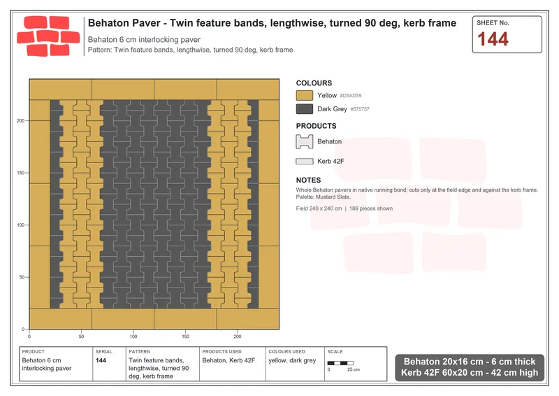 Interlock (Pasco) 20x16 cm · BEH-144 · Twin feature bands, lengthwise, turned 90 deg, kerb frame · Laying plan