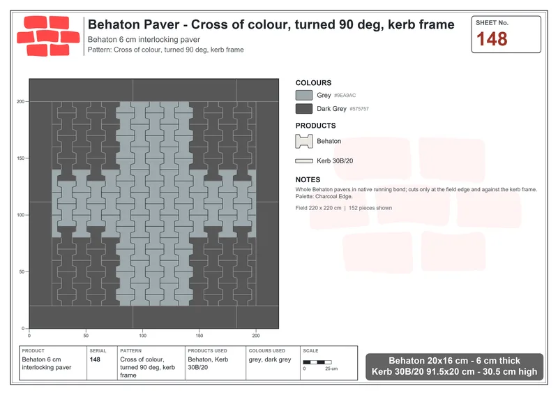 Interlock (Pasco) 20x16 cm · BEH-148 · Cross of colour, turned 90 deg, kerb frame · Laying plan