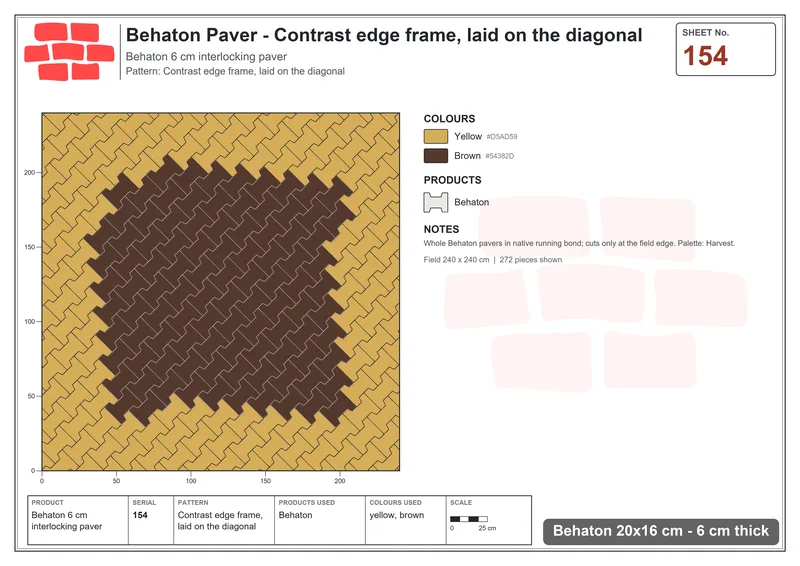 Interlock (Pasco) 20x16 cm · BEH-154 · Contrast edge frame, laid on the diagonal · Laying plan