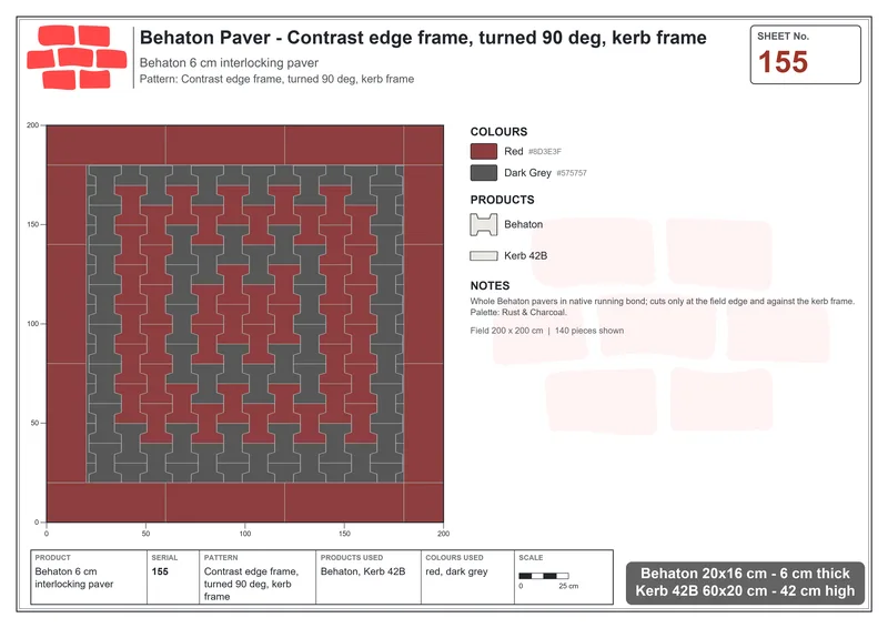 Interlock (Pasco) 20x16 cm · BEH-155 · Contrast edge frame, turned 90 deg, kerb frame · Laying plan