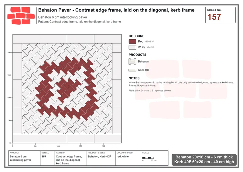 Interlock (Pasco) 20x16 cm · BEH-157 · Contrast edge frame, laid on the diagonal, kerb frame · Laying plan