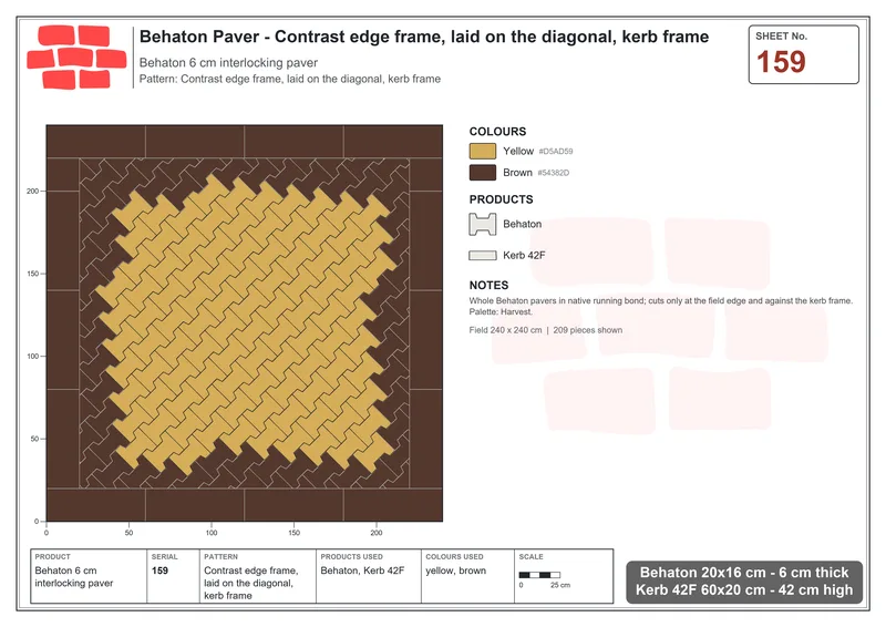 Interlock (Pasco) 20x16 cm · BEH-159 · Contrast edge frame, laid on the diagonal, kerb frame · Laying plan