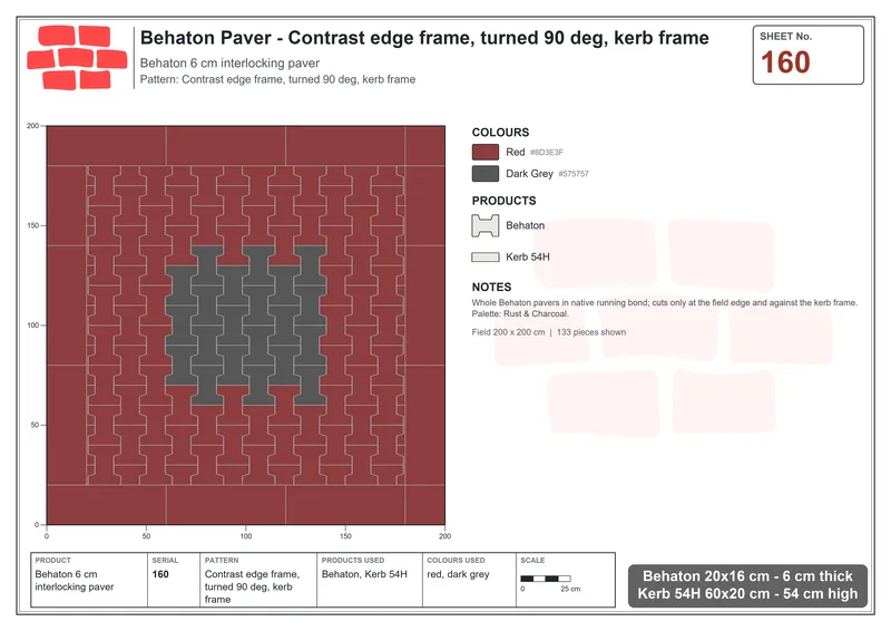 Interlock (Pasco) 20x16 cm · BEH-160 · Contrast edge frame, turned 90 deg, kerb frame · Laying plan