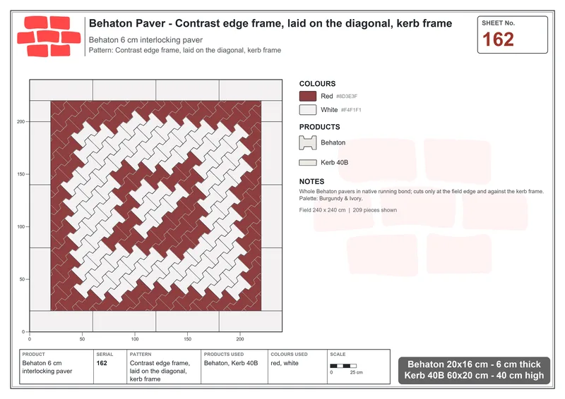 Interlock (Pasco) 20x16 cm · BEH-162 · Contrast edge frame, laid on the diagonal, kerb frame · Laying plan