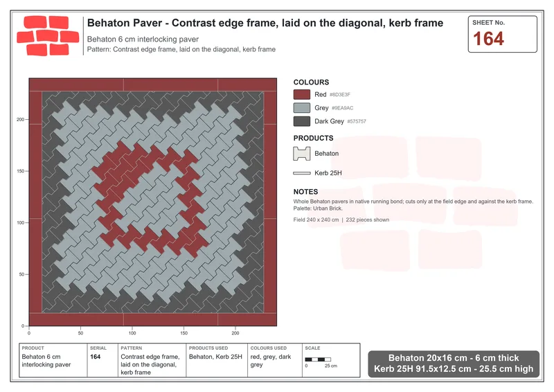 Interlock (Pasco) 20x16 cm · BEH-164 · Contrast edge frame, laid on the diagonal, kerb frame · Laying plan