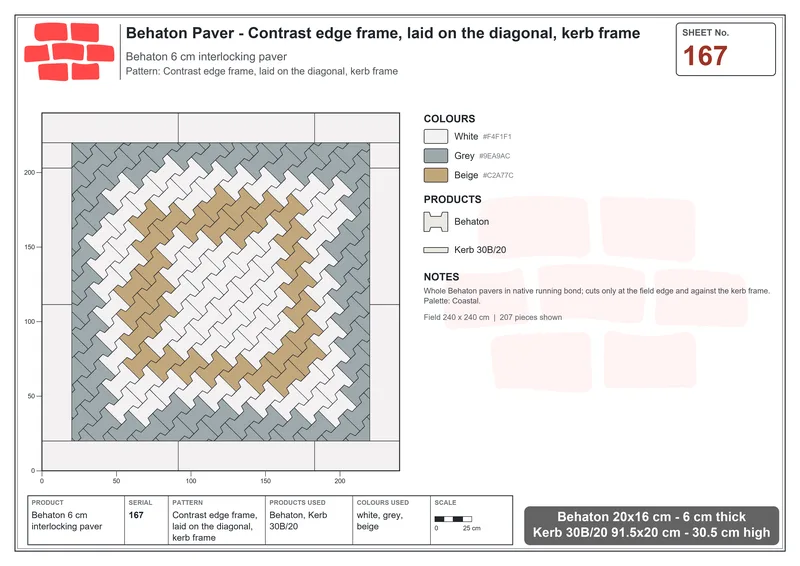 Interlock (Pasco) 20x16 cm · BEH-167 · Contrast edge frame, laid on the diagonal, kerb frame · Laying plan