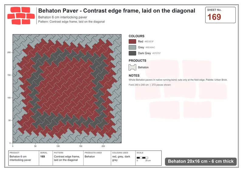 Interlock (Pasco) 20x16 cm · BEH-169 · Contrast edge frame, laid on the diagonal · Laying plan
