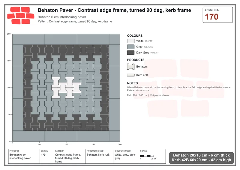 Interlock (Pasco) 20x16 cm · BEH-170 · Contrast edge frame, turned 90 deg, kerb frame · Laying plan