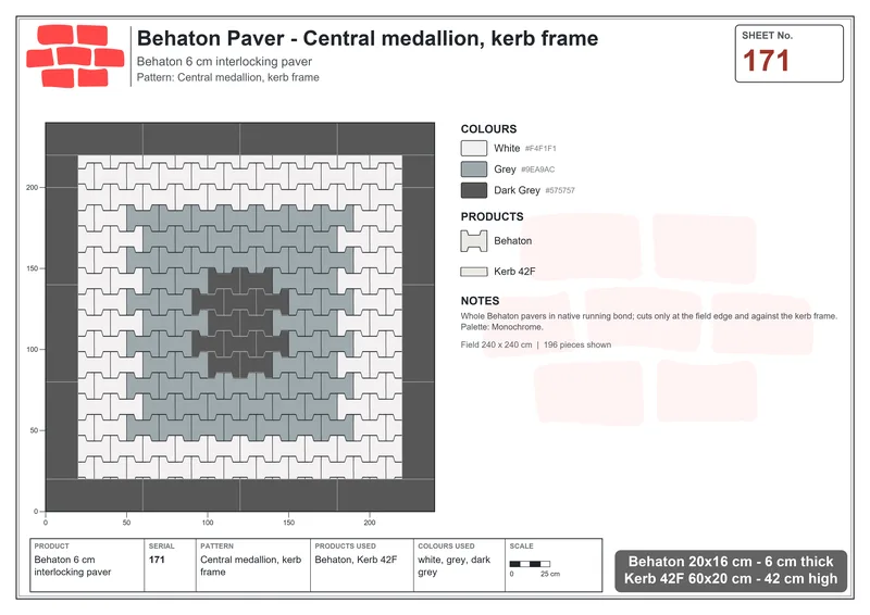 Interlock (Pasco) 20x16 cm · BEH-171 · Central medallion, kerb frame · Laying plan