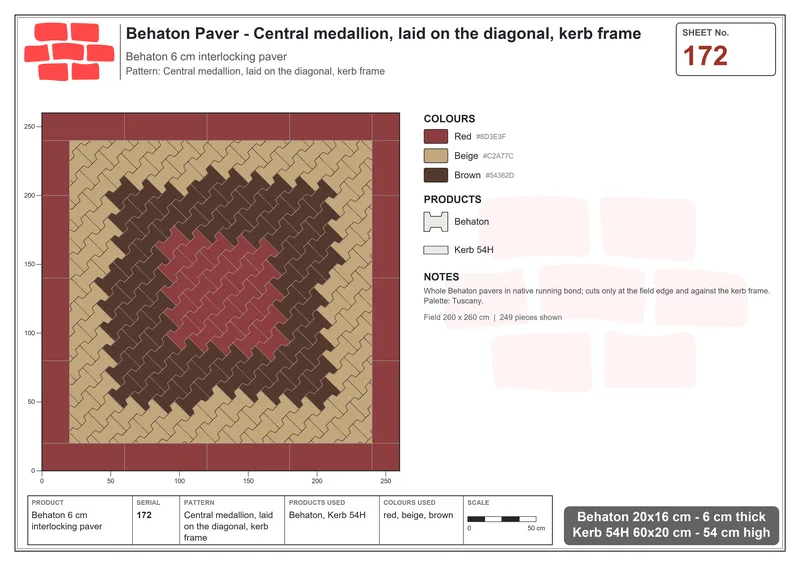 Interlock (Pasco) 20x16 cm · BEH-172 · Central medallion, laid on the diagonal, kerb frame · Laying plan