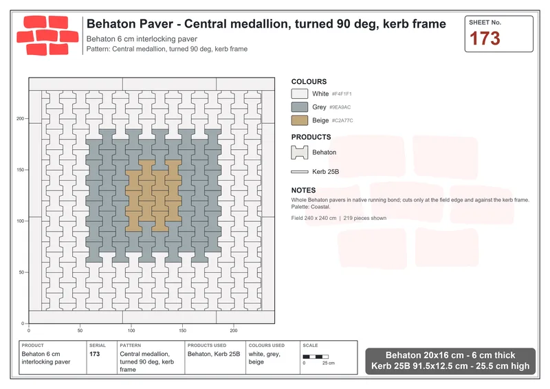 Interlock (Pasco) 20x16 cm · BEH-173 · Central medallion, turned 90 deg, kerb frame · Laying plan