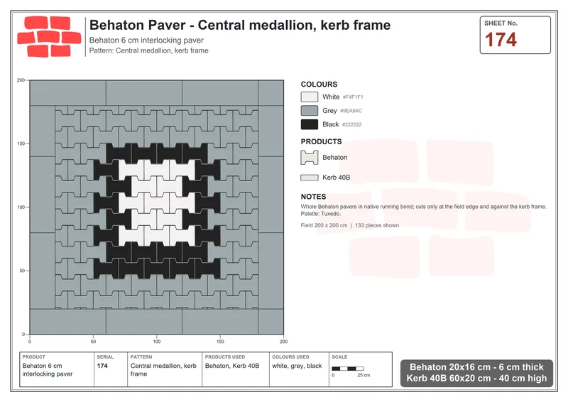 Interlock (Pasco) 20x16 cm · BEH-174 · Central medallion, kerb frame · Laying plan