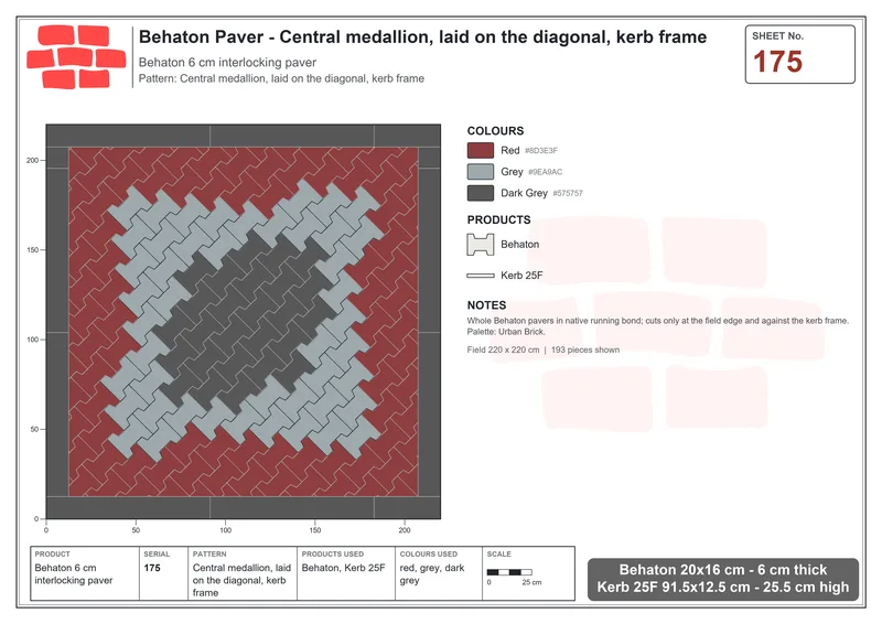 Interlock (Pasco) 20x16 cm · BEH-175 · Central medallion, laid on the diagonal, kerb frame · Laying plan