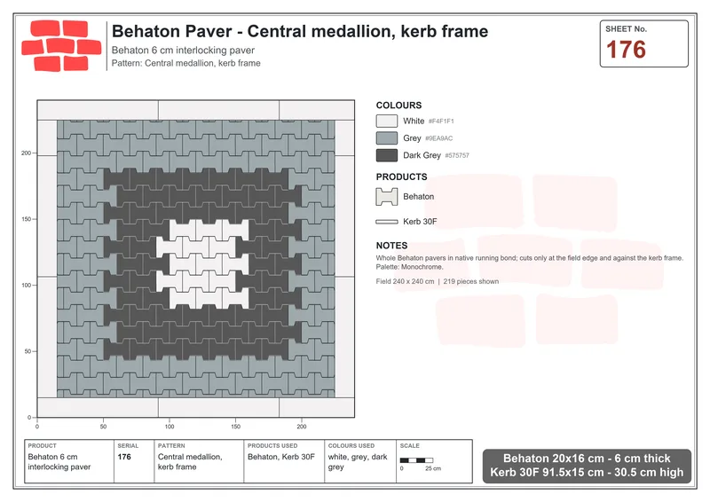 Interlock (Pasco) 20x16 cm · BEH-176 · Central medallion, kerb frame · Laying plan