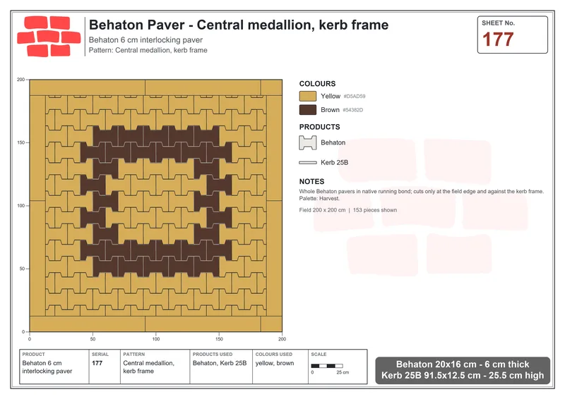 Interlock (Pasco) 20x16 cm · BEH-177 · Central medallion, kerb frame · Laying plan