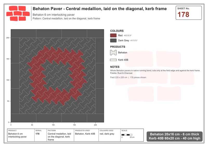Interlock (Pasco) 20x16 cm · BEH-178 · Central medallion, laid on the diagonal, kerb frame · Laying plan