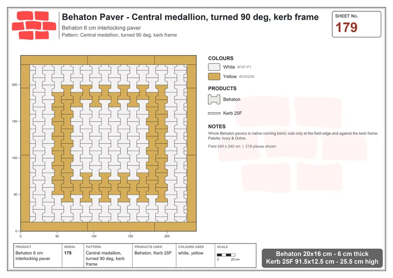 Interlock (Pasco) 20x16 cm · BEH-179 · Central medallion, turned 90 deg, kerb frame · Laying plan