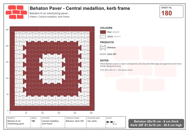 Interlock (Pasco) 20x16 cm · BEH-180 · Central medallion, kerb frame · Laying plan