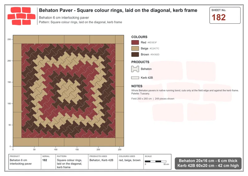 Interlock (Pasco) 20x16 cm · BEH-182 · Square colour rings, laid on the diagonal, kerb frame · Laying plan