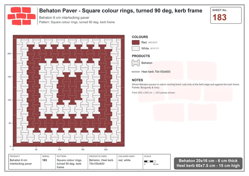 Interlock (Pasco) 20x16 cm · BEH-183 · Square colour rings, turned 90 deg, kerb frame · Laying plan