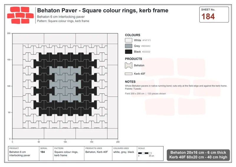 Interlock (Pasco) 20x16 cm · BEH-184 · Square colour rings, kerb frame · Laying plan
