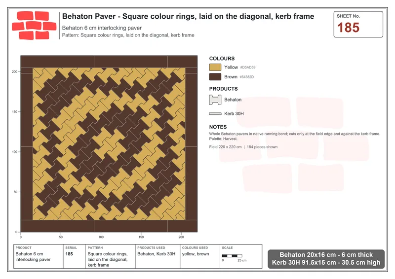 Interlock (Pasco) 20x16 cm · BEH-185 · Square colour rings, laid on the diagonal, kerb frame · Laying plan