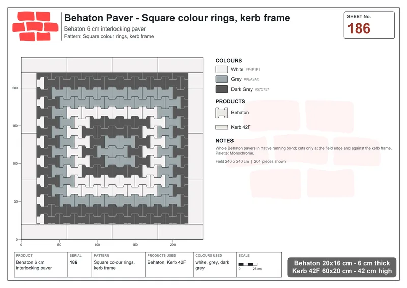 Interlock (Pasco) 20x16 cm · BEH-186 · Square colour rings, kerb frame · Laying plan