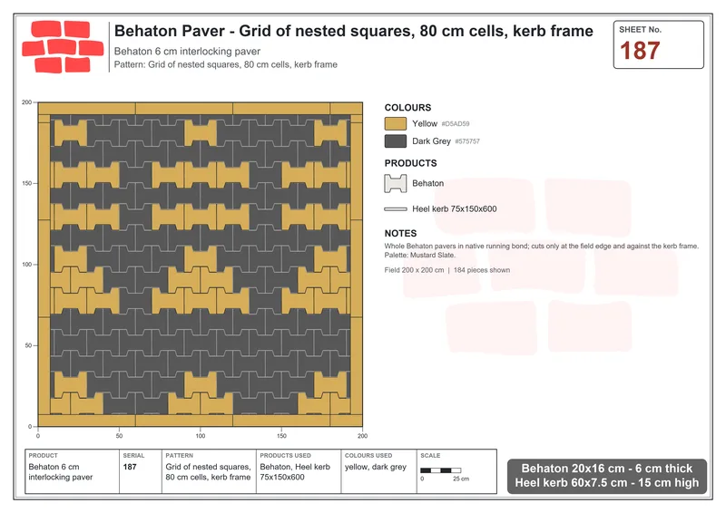Interlock (Pasco) 20x16 cm · BEH-187 · Grid of nested squares, 80 cm cells, kerb frame · Laying plan