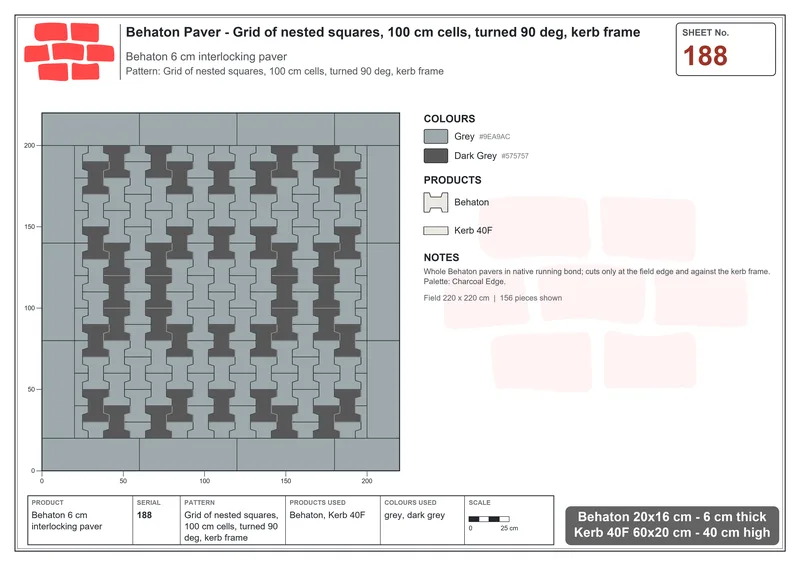 Interlock (Pasco) 20x16 cm · BEH-188 · Grid of nested squares, 100 cm cells, turned 90 deg, kerb frame · Laying plan