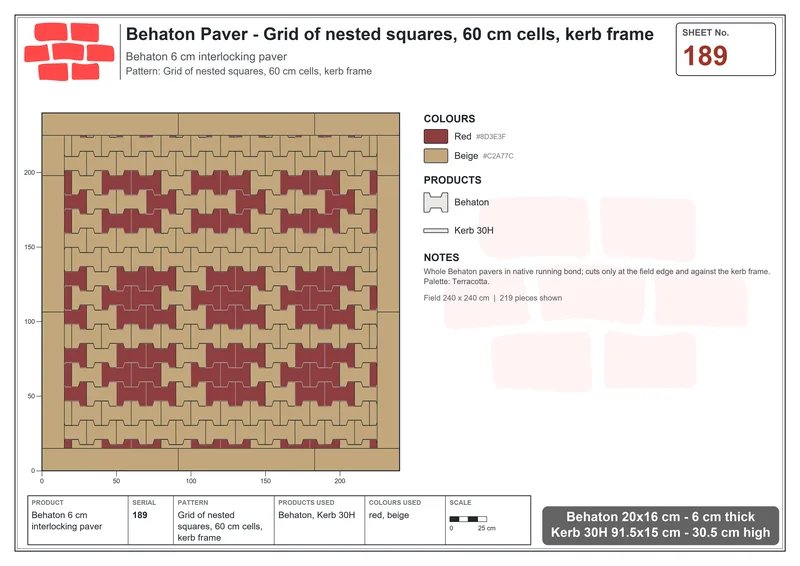 Interlock (Pasco) 20x16 cm · BEH-189 · Grid of nested squares, 60 cm cells, kerb frame · Laying plan