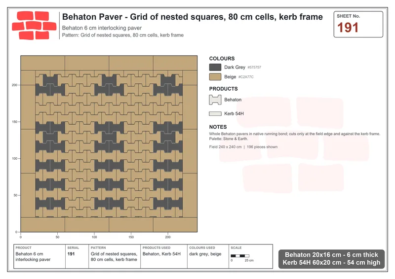 Interlock (Pasco) 20x16 cm · BEH-191 · Grid of nested squares, 80 cm cells, kerb frame · Laying plan