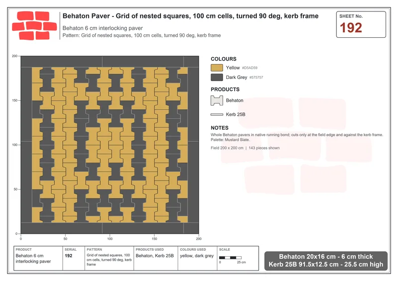 Interlock (Pasco) 20x16 cm · BEH-192 · Grid of nested squares, 100 cm cells, turned 90 deg, kerb frame · Laying plan