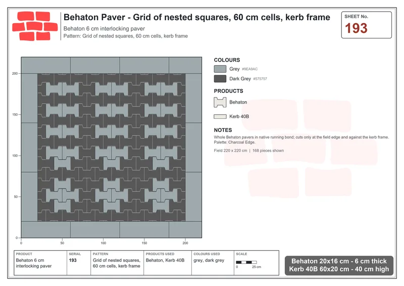 Interlock (Pasco) 20x16 cm · BEH-193 · Grid of nested squares, 60 cm cells, kerb frame · Laying plan