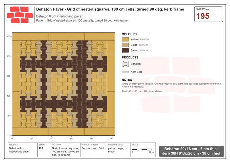 Interlock (Pasco) 20x16 cm · BEH-195 · Grid of nested squares, 100 cm cells, turned 90 deg, kerb frame · Laying plan