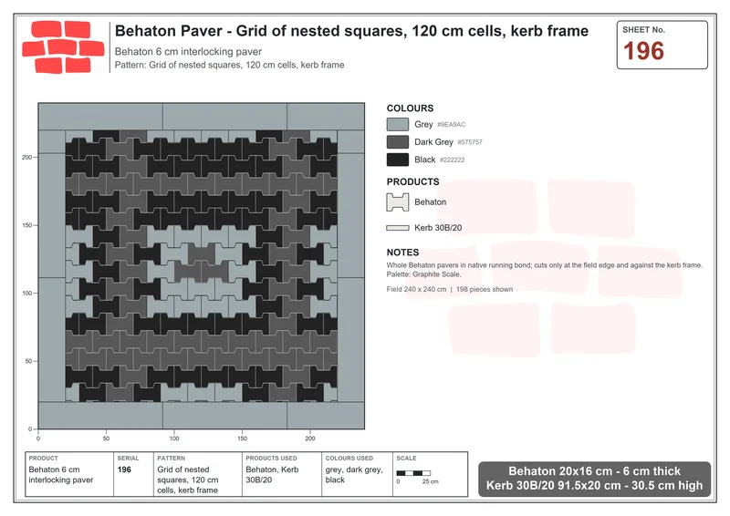 Interlock (Pasco) 20x16 cm · BEH-196 · Grid of nested squares, 120 cm cells, kerb frame · Laying plan