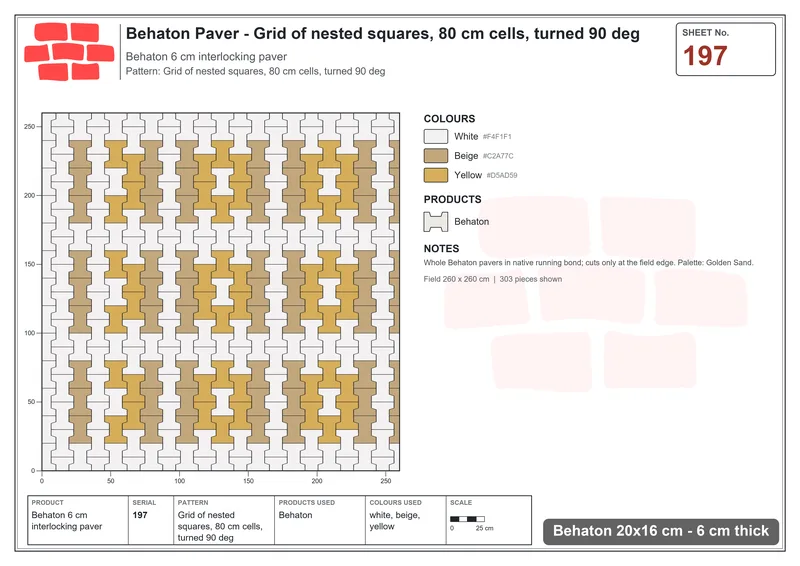 Interlock (Pasco) 20x16 cm · BEH-197 · Grid of nested squares, 80 cm cells, turned 90 deg · Laying plan