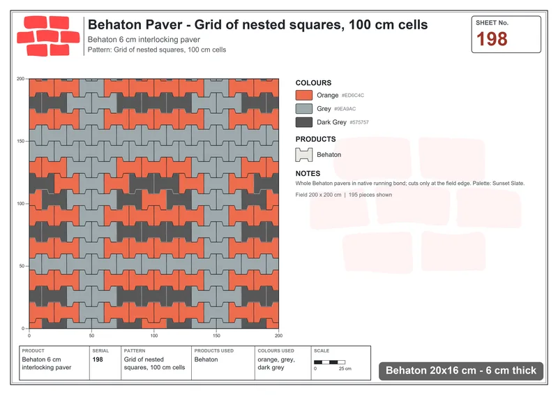 Interlock (Pasco) 20x16 cm · BEH-198 · Grid of nested squares, 100 cm cells · Laying plan
