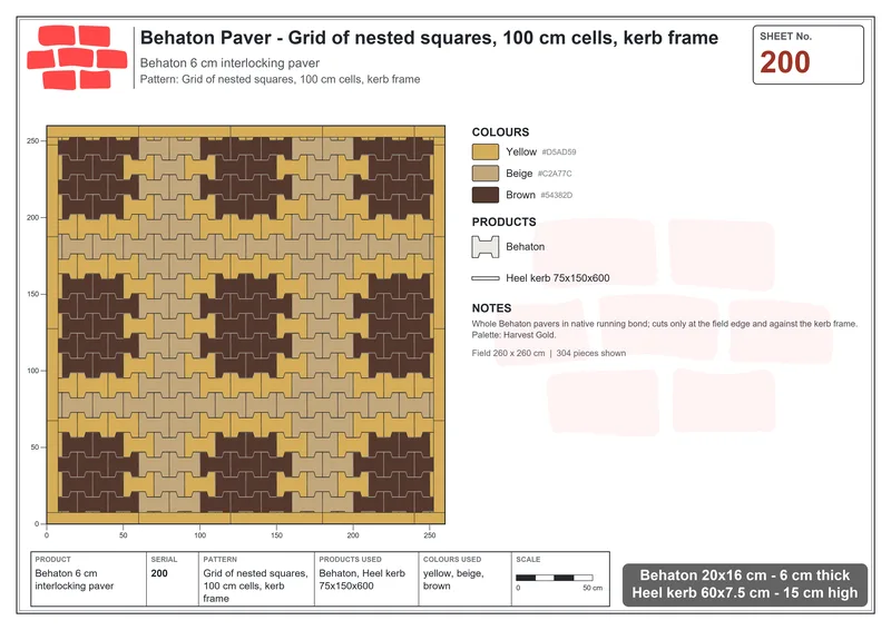 Interlock (Pasco) 20x16 cm · BEH-200 · Grid of nested squares, 100 cm cells, kerb frame · Laying plan