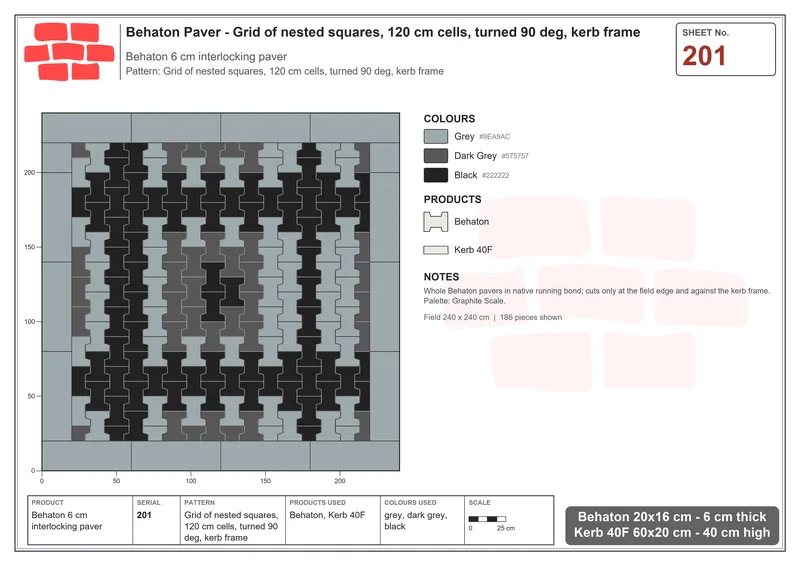 Interlock (Pasco) 20x16 cm · BEH-201 · Grid of nested squares, 120 cm cells, turned 90 deg, kerb frame · Laying plan