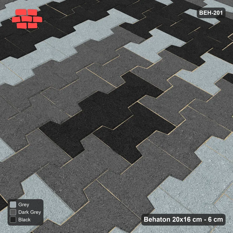 Interlock (Pasco) 20x16 cm · BEH-201 · Grid of nested squares, 120 cm cells, turned 90 deg, kerb frame · Side view Interlock (Pasco) 20x16 cm · BEH-201 · Grid of nested squares, 120 cm cells, turned 90 deg, kerb frame · Side view
