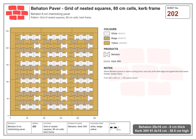 Interlock (Pasco) 20x16 cm · BEH-202 · Grid of nested squares, 80 cm cells, kerb frame · Laying plan