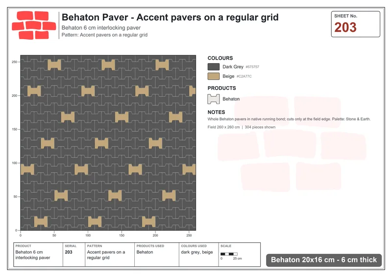 Interlock (Pasco) 20x16 cm · BEH-203 · Accent pavers on a regular grid · Laying plan